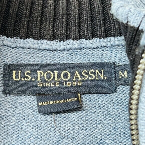 US Polo Assn Mens Pullover Sweater Blue Stripe 1/4 Zip Med Horse Logo L/S - Picture 4 of 13